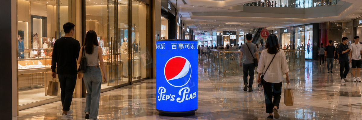 LED Pepsi-cola can screen deployed in a crowded shopping mall center